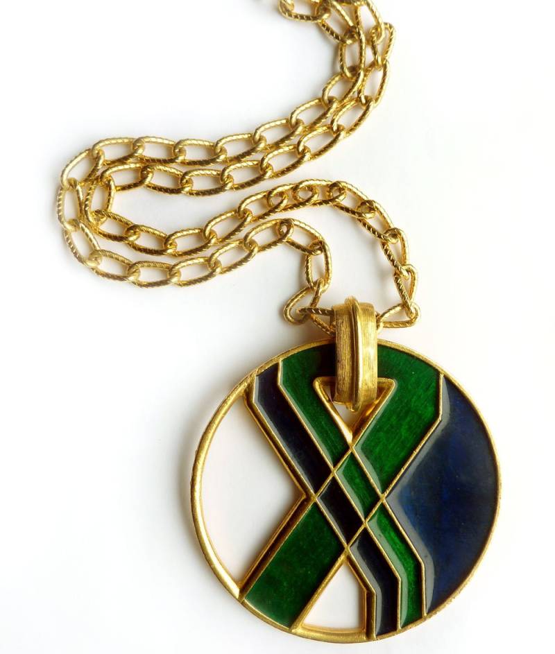 Jcd3 Vintage Mod Florenza Anhänger Halskette Blau Grün Emaille Große Runde Retro Lanvin Designer Signiert Runway Statement Modern von UptownAntiques