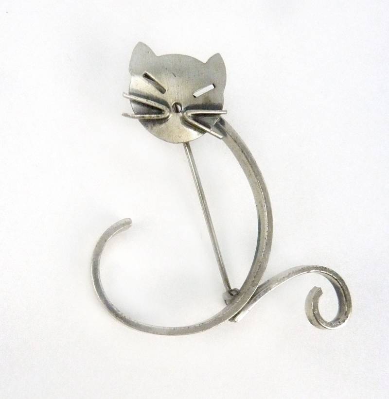 Jcd5 Mcm Katze Brosche Beau Sterling Silber Pin Stilisiert Swirl Designer Signiert Mid Century Modern Vintage von UptownAntiques