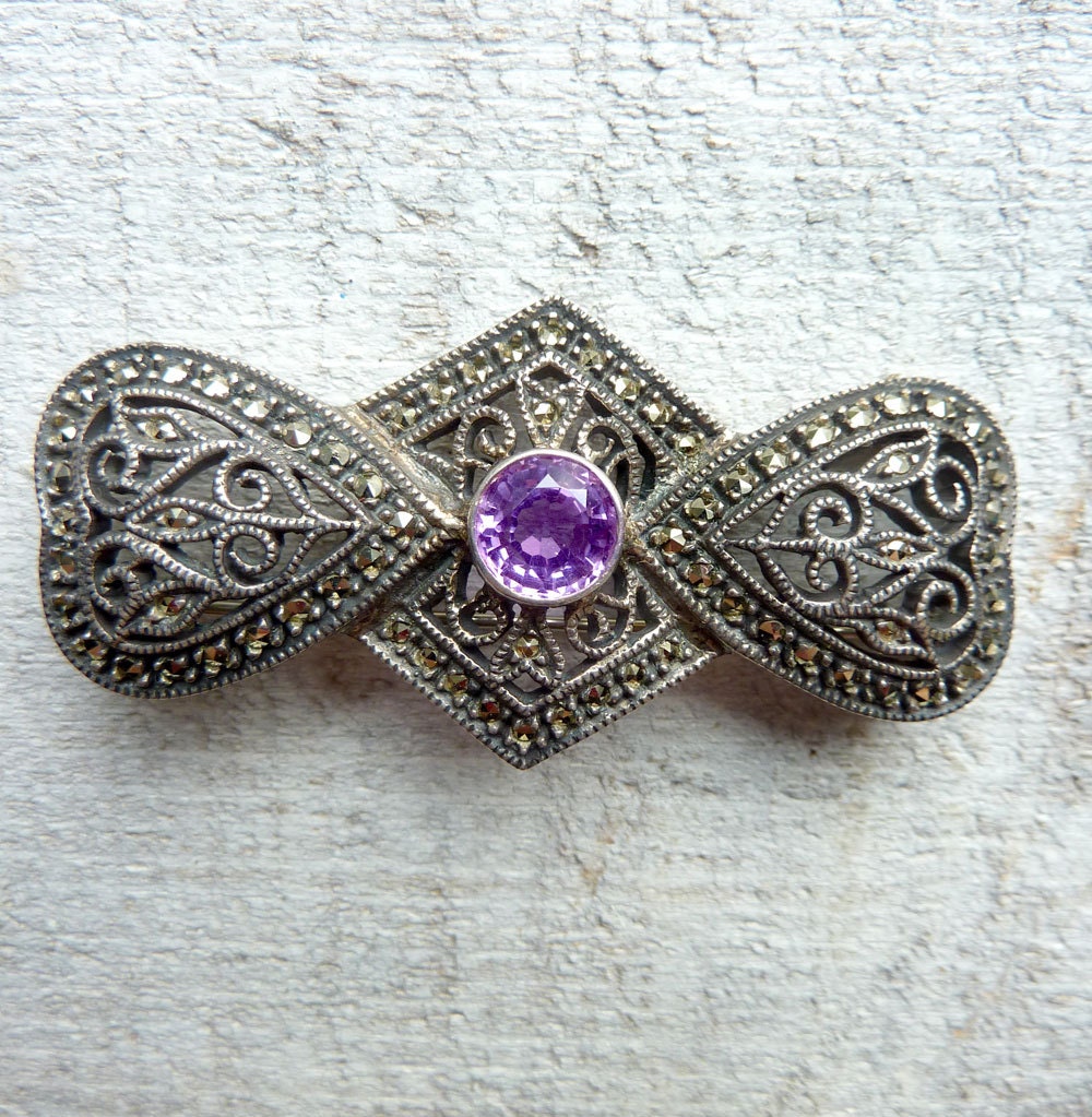 Vintage Judith Jack Brosche Amethyst Sterling Silber Markasit Schleife Pin Designer Signiert Jcd5 von UptownAntiques