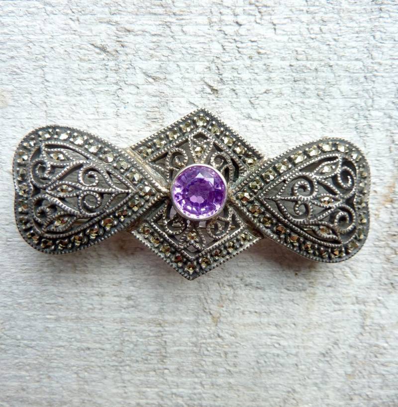 Vintage Judith Jack Brosche Amethyst Sterling Silber Markasit Schleife Pin Designer Signiert Jcd5 von UptownAntiques