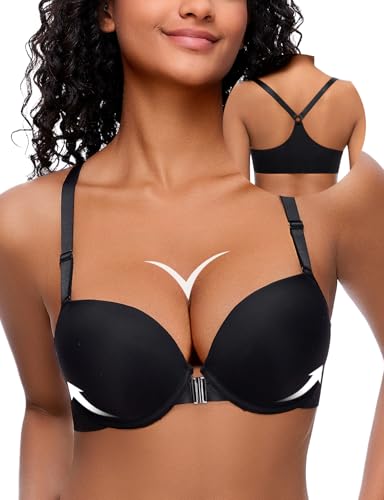 Upushall Damen Push-Up-BH mit Frontverschluss, dick gepolstert, nahtlos, überkreuzte Rückseite, Bügel-BH mit zwei Körbchen, smooth black, 100B von Upushall