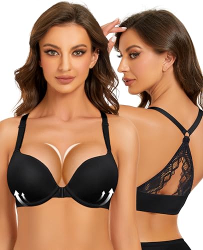 Upushall Damen Push Up Frontverschluss BH Dick Gepolstert Nahtlos Criss-Cross Back Bügel-BH Fügen Sie Zwei Tassen hinzu, Spitze schwarz, 90B von Upushall