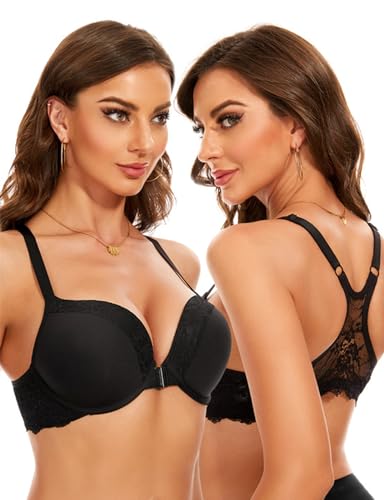 Upushall Frontverschluss Racerback Push Up BH Super Padded Add 2 Cup Lace Underwire Lift Up Bras, Schwarz, 85A von Upushall