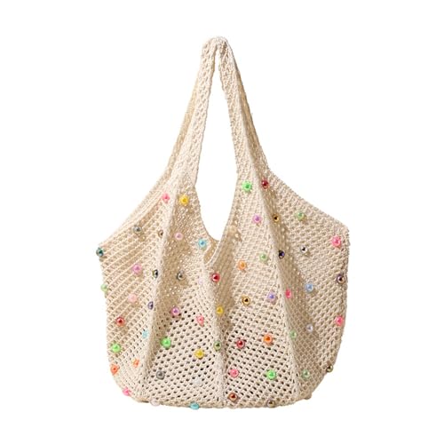 Damen Häkeltasche Strandtasche Strick Schultertasche mit Perlen Dekoration Große Kapazität Unterarm Handtasche für Outdoor Handgemachte Häkeln, weiß, One Size Damen Häkeltasche Strandtasche Strick Schultertasche mit Perlen Dekoration Große Kapazität Unterarm Handtasche für Outdoor Handgemachte Häkeln, weiß, One Size von Uqezagpa
