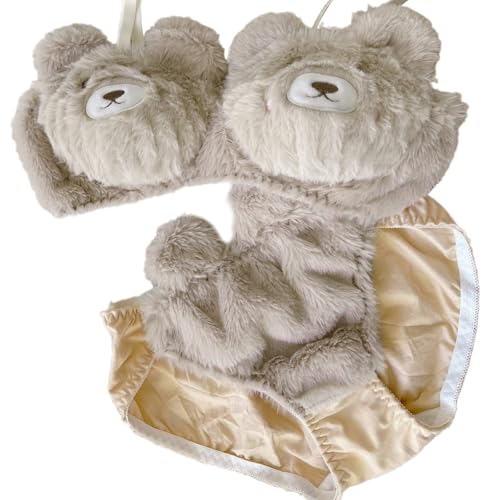 Damen Sweet Bear Animal Cosplay Unterwäsche Anime Pelziger Drahtloser Und Slip Set Japanische Cartoon Plüsch Dessous Set von Uqezagpa