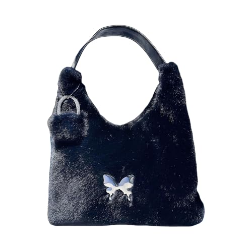 Fuzzy Schulterhandtaschen für Damen, modische Plüsch-Schultertasche, Unterarmtaschen mit großem Fassungsvermögen und stilvollem Look, niedliche Tasche, Schwarz , One Size von Uqezagpa