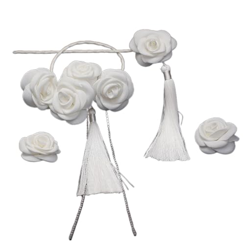 Kamelie Blume Haarband Ohrringe Braut Kopfschmuck für Hochzeit Elegante Haarnadel mit Quasten Haarschmuck für Braut Braut Ohrringe Hochzeit von Uqezagpa