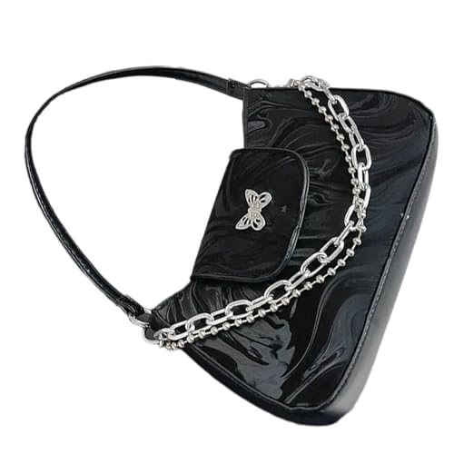 Retro PU Leder Koreanische Achseltasche Mode Schmetterling Dekoration Damen Schultertaschen Handtasche Unterarm Geldbörse für Frauen Schultertasche, Schwarz , One Size von Uqezagpa