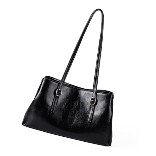 Retro-Umhängetasche mit großem Fassungsvermögen, ölglänzendes, gewachstes PU-Leder-Finish, für Pendler, Arbeit, Unterarm, solide für Damen, trendige Damengeldbörse, Schwarz , One Size von Uqezagpa