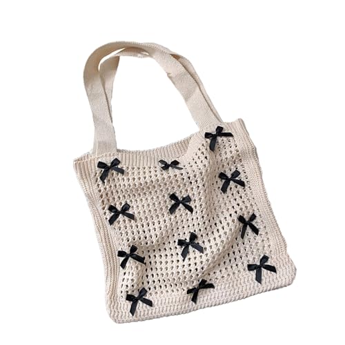 Strand-Umhängetasche für Damen, Unterarmtasche mit Schleifen und leichtem Hohlgehäkel-Design, große ästhetische Handtasche, große ästhetische Handtasche, beige, One Size Strand-Umhängetasche für Damen, Unterarmtasche mit Schleifen und leichtem Hohlgehäkel-Design, große ästhetische Handtasche, große ästhetische Handtasche, beige, One Size von Uqezagpa