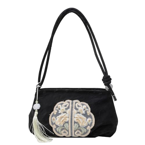 Umhängetasche aus PU-Leder für Damen, chinesischer Stil, Kuriertasche, Trendwolken, modische Stickerei, Schultertasche, chinesische Umhängetasche für Damen, PU-Leder, Schultermode, Wolke, Schwarz von Uqezagpa