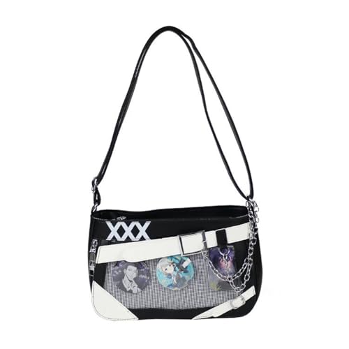 Umhängetasche für Damen mit Abzeichen und verstellbarem Riemen, Anime-Messenger-Tasche, Crossbody-Tasche für den täglichen Gebrauch, PU-Handtasche, schwarz / weiß, One Size Umhängetasche für Damen mit Abzeichen und verstellbarem Riemen, Anime-Messenger-Tasche, Crossbody-Tasche für den täglichen Gebrauch, PU-Handtasche, schwarz / weiß, One Size von Uqezagpa