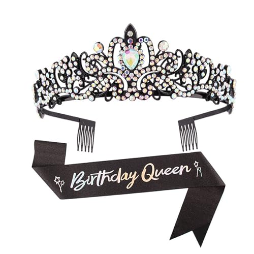 Uqezagpa 2 Stück Geburtstag Party Kristall Strass Tiaras Stirnband und Schärpe Set Mode Haarschmuck für Frauen, 9.75x7.8in, Legierung, Strass-Stoff von Uqezagpa