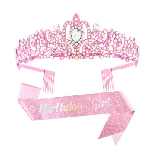 Uqezagpa 2 Stück Geburtstag Party Kristall Strass Tiaras Stirnband und Schärpe Set Mode Haarschmuck für Frauen, 9.75x7.8in, Legierung, Strass-Stoff von Uqezagpa