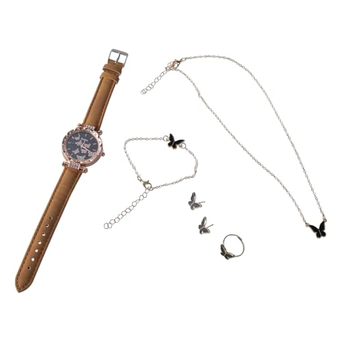 Uqezagpa 6-teiliges modisches Schmetterlings-Schmuck-Set, luxuriöse Armbanduhr, Ringe, Halskette, Ohrringe für Damen, Quarz-Armbanduhr, verschiedene Anlässe, Einheitsgröße, Wie beschrieben, Wie von Uqezagpa