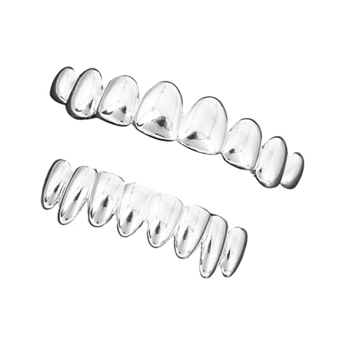 Uqezagpa Abnehmbares Hip-Hop-Grillz-Set für Partys, Konzerte, Kostüme, oben unten, 8 Zähne, silberfarben/goldfarben, 6,5 cm, Kupfer Uqezagpa Abnehmbares Hip-Hop-Grillz-Set für Partys, Konzerte, Kostüme, oben unten, 8 Zähne, silberfarben/goldfarben, 6,5 cm, Kupfer von Uqezagpa