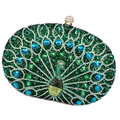 Uqezagpa Anspruchsvolle Pfauenmuster Strass Abendtasche Schultertasche Crossbody Handtasche für Hochzeiten und Feiern Strass Clutch Geldbörse, grün, One Size von Uqezagpa