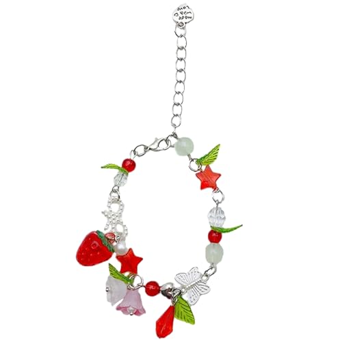 Uqezagpa Armband mit Erdbeerblumen-Anhänger, elegante Perlen, Schleife, Armband, verstellbare Kette, Handstring, ästhetisch, 185cm, Perlen und Legierung, Beryll von Uqezagpa