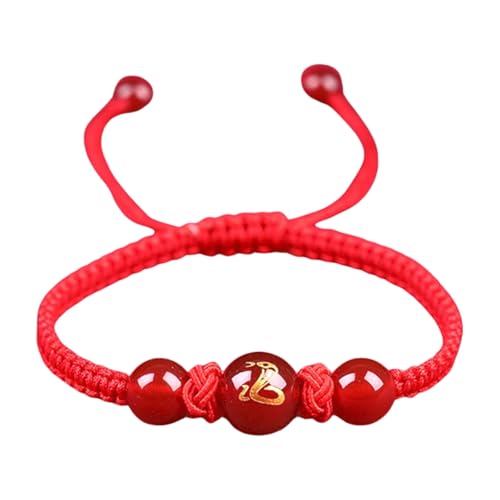 Uqezagpa Armband mit chinesischer Schlange, roter Schnur, verstellbarer Charm-Schmuck, Glücksarmband, geflochten, geeignet für Damen und Herren, 10 mm, Roter Achat, geflochtenes Seil, Beryll von Uqezagpa