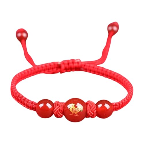 Uqezagpa Armband mit chinesischer Schlange, roter Schnur, verstellbarer Charm-Schmuck, Glücksarmband, geflochten, geeignet für Damen und Herren, 10 mm, Roter Achat, geflochtenes Seil, Beryll von Uqezagpa