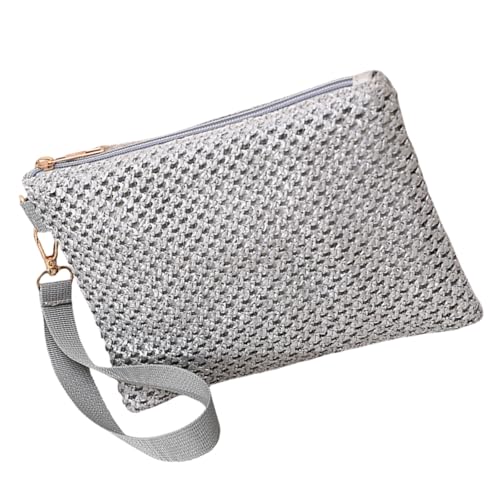 Uqezagpa Beach Essential Stroh-Umschlagtasche für Damen, gewebt, kleine Handtasche mit Handgelenk, modische Strand-Geldbörse, gewebte Clutch, silber, One Size von Uqezagpa