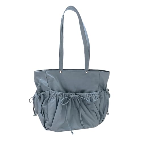 Uqezagpa Damen-Schultertasche, plissiert, Kordelzug, Schleife, einfarbig, Nylon, modisch, großes Fassungsvermögen, mehrere Taschen, Achselfalten, Damen-Schulter, blau, One Size von Uqezagpa