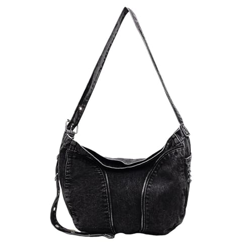 Uqezagpa Damen-Umhängetasche, Denim, Crossbody, Reißverschluss, Handtasche, große Kapazität, Messenger, Alltag, Reisen, große Kapazität, Crossbody, lässig, Pendeln, für Reisen, Schwarz , One Size von Uqezagpa