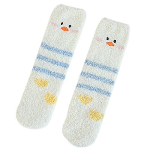 Uqezagpa Damen Wintersocken aus Korallensamt, flauschige Hausschuhe, niedliche Ente bestickt, Plüsch, warme Bodenstrumpfwaren, flauschige Socken für Damen, a, Einheitsgröße von Uqezagpa