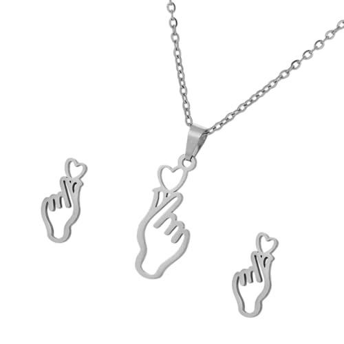Uqezagpa Einzigartiger Ohrschmuck-Anhänger, Halskette, Handherz, Geste, Ohrstecker, Edelstahl-Textur, für modebewusste Frauen, trendiges Liebes-Symbol-Schmuck-Set, Einheitsgröße, Wie beschrieben, Wie von Uqezagpa