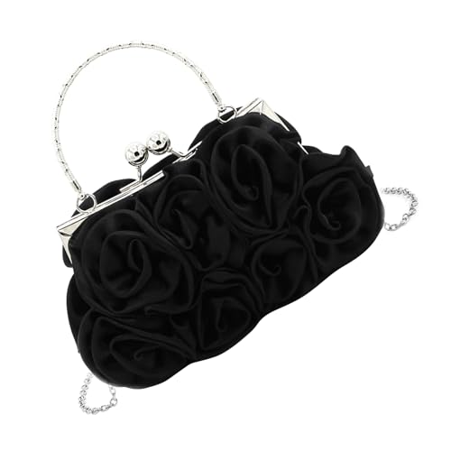 Uqezagpa Elegante Abend-Handtasche mit Rosen-Satin, für Abschlussball und Abendessen, elegante Metallkette, Crossbody-Tasche, Clutches, Geldbörse, Abendgeldbörse, Schwarz , One Size von Uqezagpa