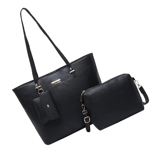 Uqezagpa Elegante Damentaschen, 3-teiliges Set, Schultertasche, Handtaschen und Geldbörse mit großem Fassungsvermögen, PU-Ledergriff, Geldbörse, Damenhandtaschen, Schwarz , One Size von Uqezagpa