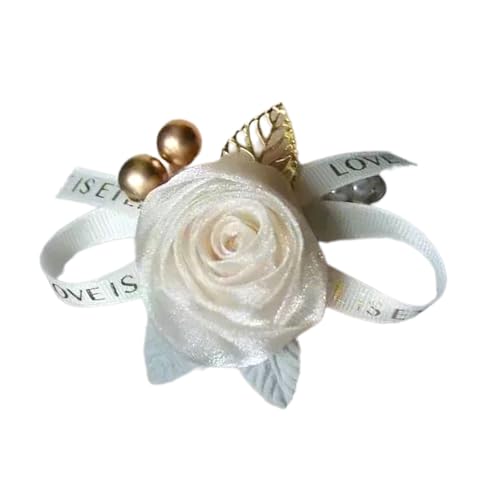 Uqezagpa Elegante Rose Blume Handgelenk Corsage Floral Perlen Elastisches Armband für Brautjungfern Verstellbares Armband Hochzeit, 5.07x3.51in, Garn von Uqezagpa