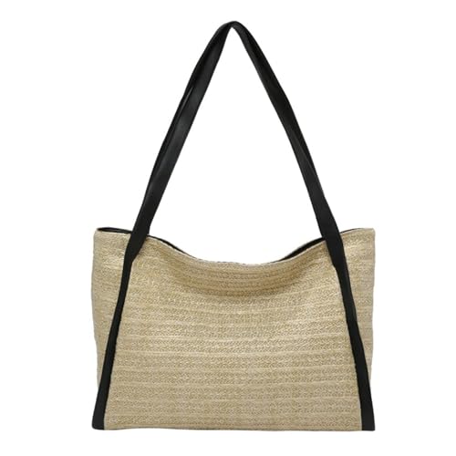 Uqezagpa Elegante Strandhandtasche aus gewebtem Stroh, große Kapazität, lässiger Kunstledergriff, Strohtasche für Reisen, Einkaufen, Reisen, Schwarz , One Size von Uqezagpa