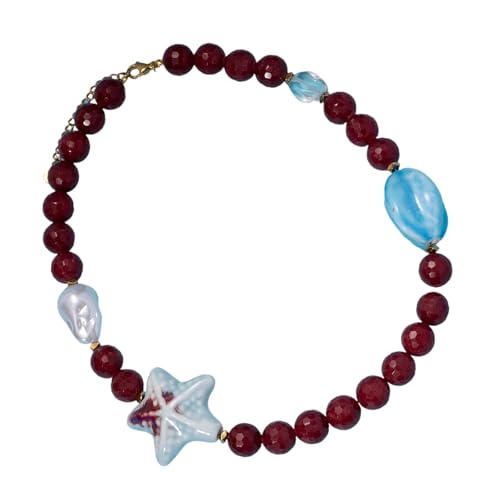 Uqezagpa Elegante rote Perlen-Halskette, Perlen, Schlüsselbeinkette, verstellbarer Seestern-Anhänger, Halskette, Strandurlaub, Schmuck, Abendkleid, Halskette Uqezagpa Elegante rote Perlen-Halskette, Perlen, Schlüsselbeinkette, verstellbarer Seestern-Anhänger, Halskette, Strandurlaub, Schmuck, Abendkleid, Halskette von Uqezagpa