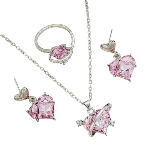 Uqezagpa Elegantes Brautschmuck-Set, Herz-Halskette, Tropfenohrringe, Anhänger, Ohrringe, Herzringe, Partyschmuck, geeignet für Hochzeits-Anhänger-Halsketten, Einheitsgröße, Wie beschrieben, Wie von Uqezagpa
