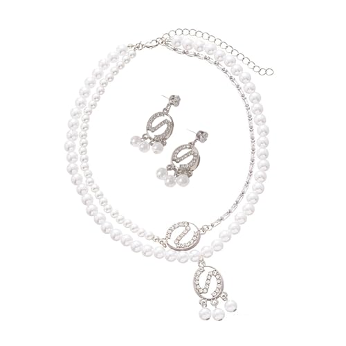 Uqezagpa Elegantes Doppelschicht-Zirkonia-Inlay-Halskette-Ohrring-Set mit Imitationsperlen für Frauen Royal Courts von Uqezagpa