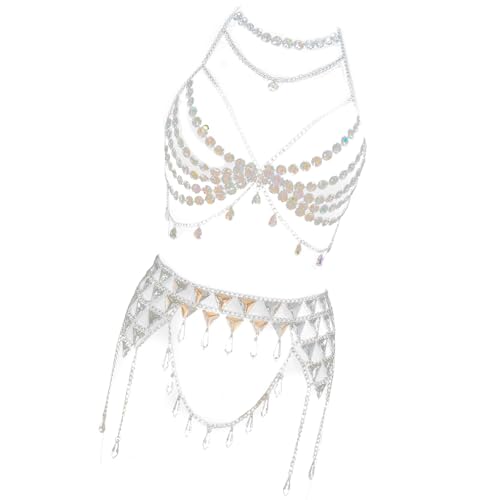 Uqezagpa Geometrics Funkelndes Körperketten-Set mit Strass-BH, Taillenrock, modisches Accessoire für trendige Frauen von Uqezagpa
