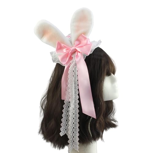 Uqezagpa Handgefertigte pelzige Hasenohren, kleine Spitzenhut, Haarschmuck für Frauen, Rollenspiel, Kopfbedeckung, Anime-Kostüm-Zubehör von Uqezagpa