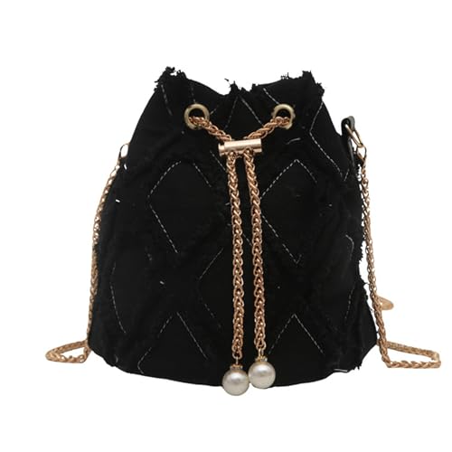 Uqezagpa Jeans-Tasche mit Kordelzug und Kettenriemen für Damen, modische Quasten, Denim, Crossbody-Tasche mit viel Platz, verstellbarer Kettenriemen, Schwarz , One Size Uqezagpa Jeans-Tasche mit Kordelzug und Kettenriemen für Damen, modische Quasten, Denim, Crossbody-Tasche mit viel Platz, verstellbarer Kettenriemen, Schwarz , One Size von Uqezagpa