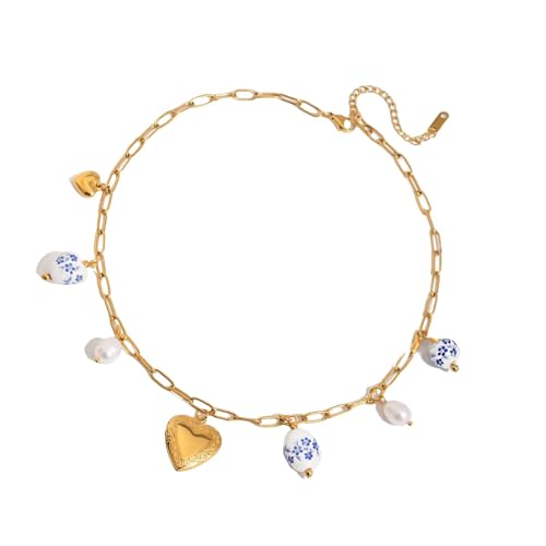 Uqezagpa Leichte Keramik-Akzent-Ohrringe/Halskette mit stilvoller Edelstahlkette, verstellbare Länge, für Damen, vielseitige Keramik-Halskette für den täglichen Gebrauch, Einheitsgröße, Wie von Uqezagpa