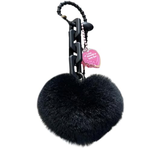 Uqezagpa Lovely Heart Keychain Simple Car Chain Plush Pompoms Hanging Ornaments Keyrings Bag Pendant Accessories Pompoms Pendant Keyring Heart Small Car Chain For Bag Decoration, Schwarz , One Size von Uqezagpa
