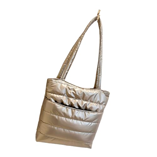 Uqezagpa Modische Damenhandtasche mit glänzendem Finish, leichte Baumwolle, gepolstert, gesteppt, Puffer große Schultertasche mit reichlich Stauraum, gesteppte Umhängetasche, gold, One Size von Uqezagpa