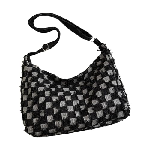 Uqezagpa Modische Denim-Umhängetasche für Damen, karierte Quasten, große Kapazität, Jeans, Used-Look, Reißverschluss, Umhängetasche, lässige Jeans, Crossbody-Tasche, Schwarz , One Size von Uqezagpa