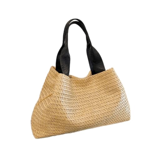 Uqezagpa Modische Strandtasche aus gewebtem Stroh, leicht und praktisch, mit Tragegriff oben, lässige Schultertasche für Urlaub und Einkauf, Khaki-schwarzer Gürtel, One Size von Uqezagpa