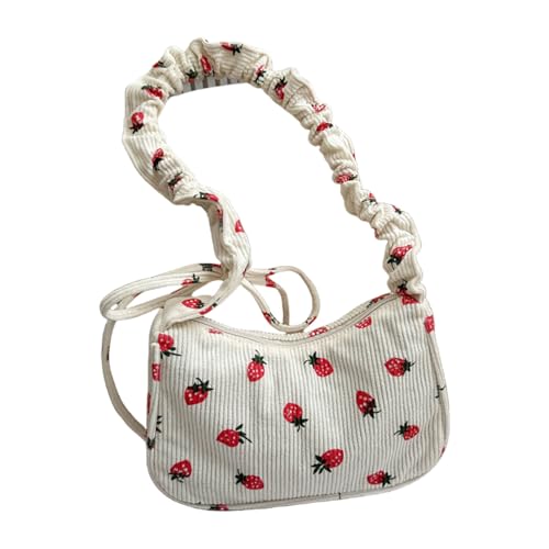 Uqezagpa Modische Umhängetasche aus Kordsamt, Erdbeere, mit verstellbarem Riemen, gerüscht, Crossbody-Tasche für trendige Frauen und Studenten, weiß, One Size von Uqezagpa