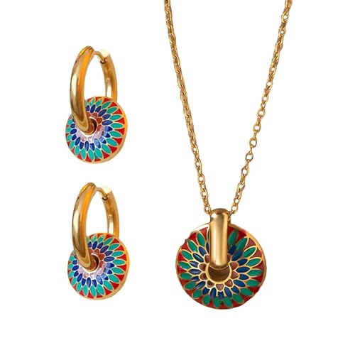 Uqezagpa Ohrringe Aus Metallstahl Halskette Für Lady Girls Retro Ethnic Styled Blumenmuster Ohrstollen Anhänger Halskette Schmuck Vintage von Uqezagpa