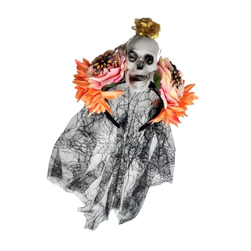 Uqezagpa Punk-Spitzen-Spinnennetz-Haarband mit Kunstharz-Skelett-Rosen-Designs für Halloween-Kostümpartys und Themenveranstaltungen, Halloween-Haarband mit Totenkopf und Spinnennetz-Spitze von Uqezagpa