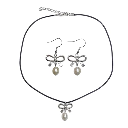 Uqezagpa Schönes Schmuck-Set mit Schleife, Halskette und Ohrringen, zartes Accessoire, modische Anhänger, Halskette, baumelnde Ohrringe für Damen und Mädchen, elegantes Schmuck-Set von Uqezagpa