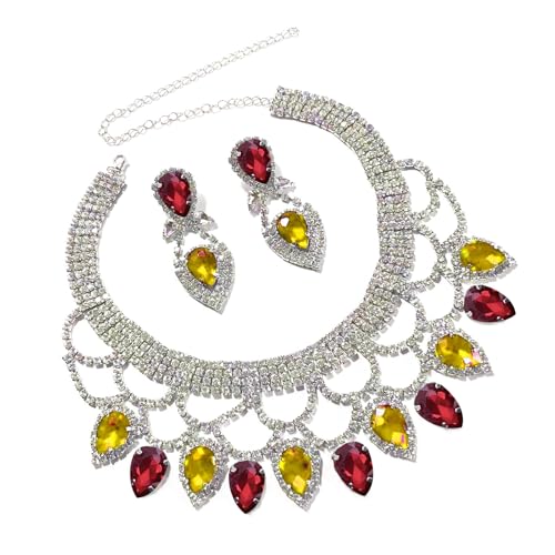 Uqezagpa Statement-Kristall-Halskette und Ohrringe, Set mit Metallstruktur für Frauen, die faszinierende und auffällige Accessoires lieben, einzigartige, elegante Halskette, Einheitsgröße, Wie von Uqezagpa