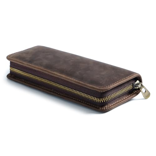 Uqezagpa Stifteetui aus Leder für Damen und Herren, Leder-Stifthalter, Etui mit Reißverschluss, elastische Schlitze für Buntstifte, Business, Profis von Uqezagpa